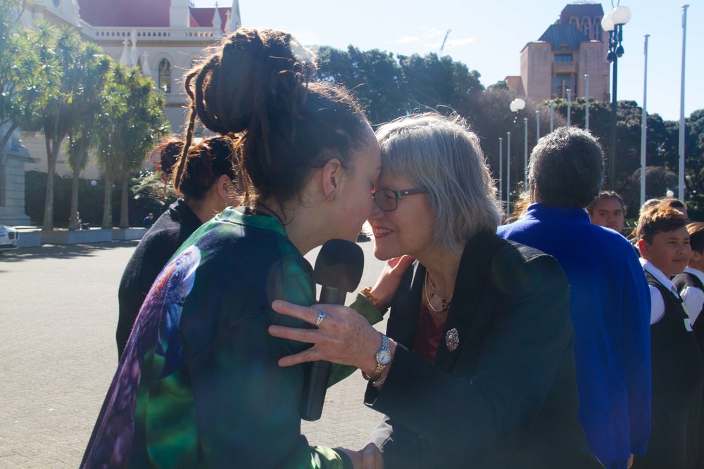 Laura and Eugenie Sage at the petition delivery to save the Haast tokoeka kiwi from a pipeline being built through their sanctuary