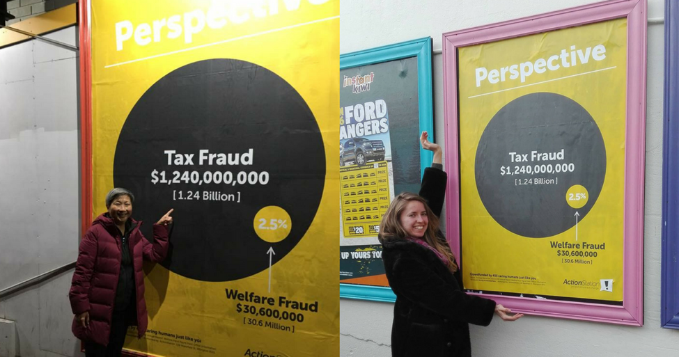ActionStation members Anita and Gemma with crowdfunded posters in Auckland and Wellington